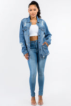 Load image into Gallery viewer, Button Up Distressed Denim Jacket