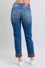 Load image into Gallery viewer, Judy Blue Plaid Print Cuff Straight Leg Jeans with Pockets