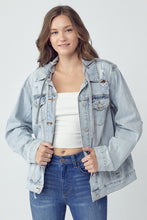 Load image into Gallery viewer, RISEN Distressed Drawstring Hooded Denim Jacket