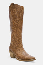 Load image into Gallery viewer, Embossed Floral Point Toe Block Heel Boots