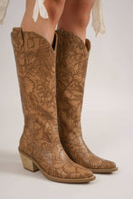Load image into Gallery viewer, Embossed Floral Point Toe Block Heel Boots