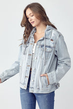 Load image into Gallery viewer, RISEN Distressed Drawstring Hooded Denim Jacket