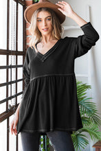 Load image into Gallery viewer, V-Neck Long Sleeve Ribbed Babydoll Top