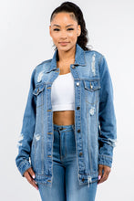 Load image into Gallery viewer, Button Up Distressed Denim Jacket
