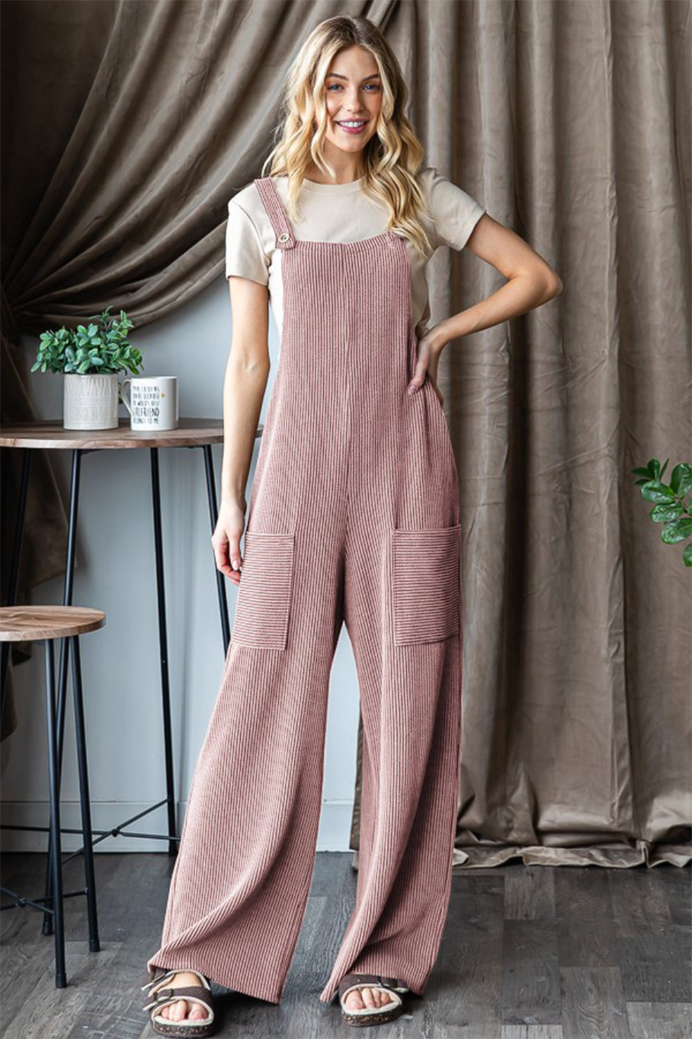 Ribbed Front Pocket Sleeveless Jumpsuit - Pink