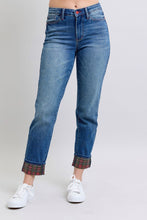 Load image into Gallery viewer, Judy Blue Plaid Print Cuff Straight Leg Jeans with Pockets
