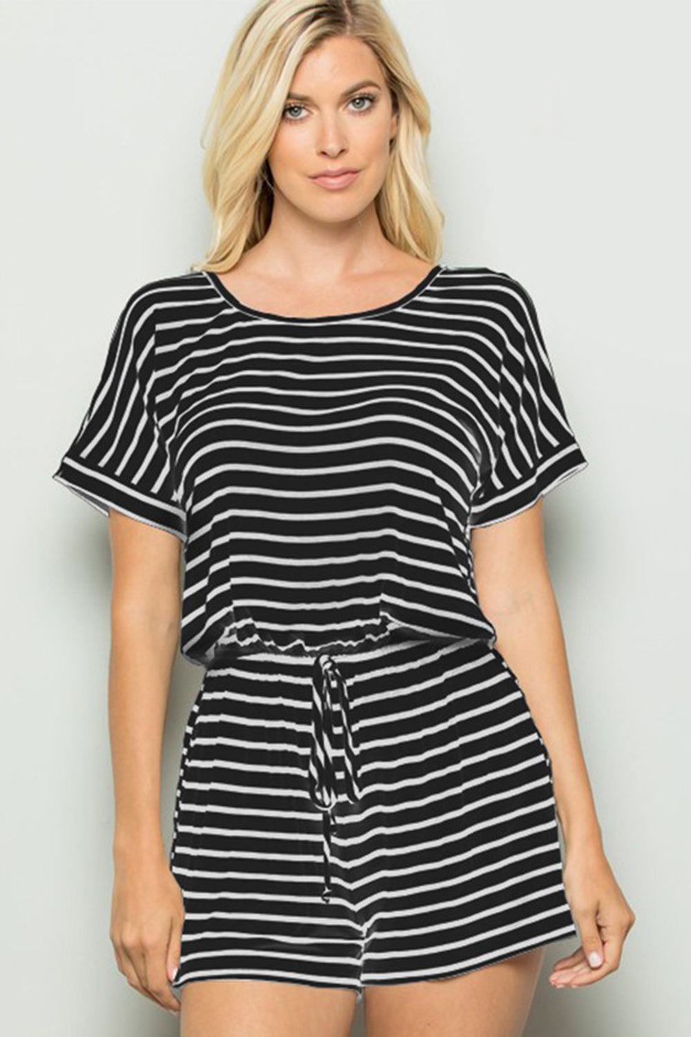 Striped Round Neck Short Sleeve Romper