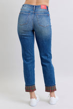 Load image into Gallery viewer, Judy Blue Plaid Print Cuff Straight Leg Jeans with Pockets
