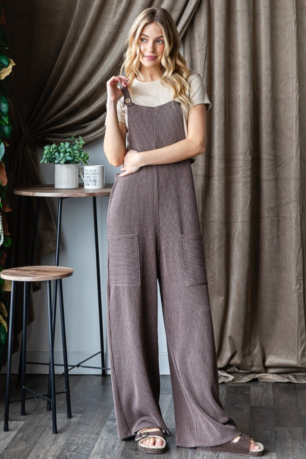 Ribbed Front Pocket Sleeveless Jumpsuit