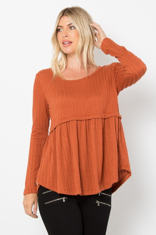 Texture Babydoll Round Neck Long Sleeve Knit Top