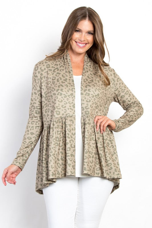 Peplum Leopard Open Front Long Sleeve Cardigan