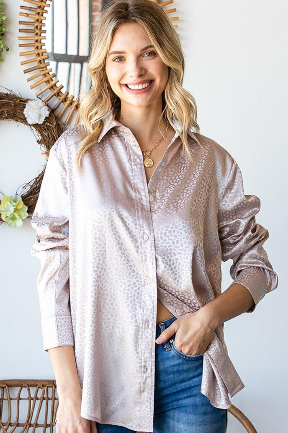 Ditsy Dot Button Down Collared Satin Shirt