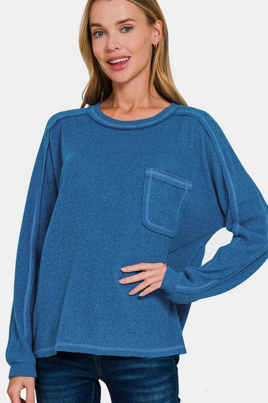 Contrast Stitching Brushed Ribbed Hacci Knit Top Plus Size