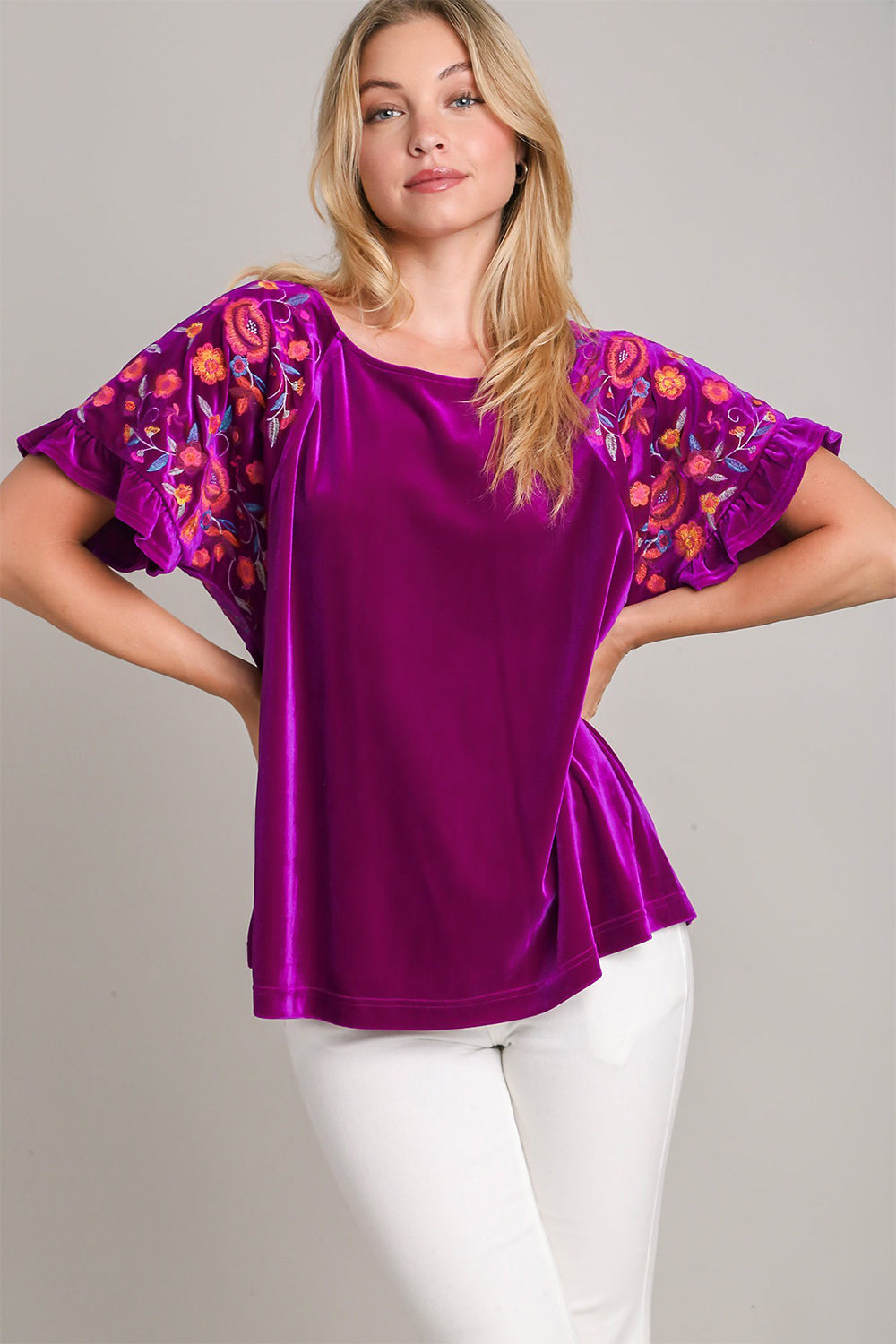 Velvet Embroidery Short Sleeve Blouse