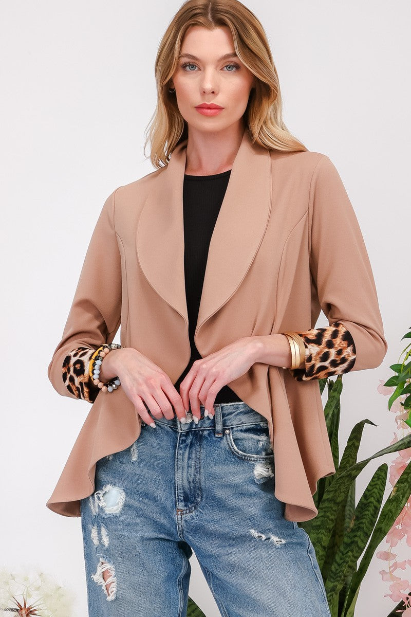 Rolled Leopard Cuff Open Front Blazer