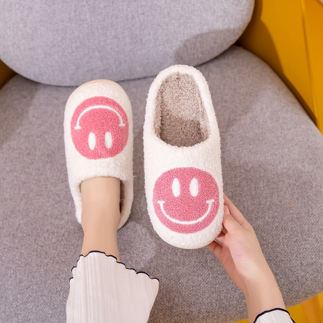 Smiley Face Slippers - White with Pink