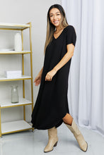 Load image into Gallery viewer, V-Neck Short Sleeve Curved Hem Dress in Black
