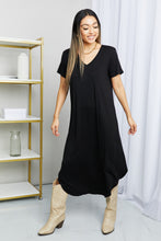 Load image into Gallery viewer, V-Neck Short Sleeve Curved Hem Dress in Black
