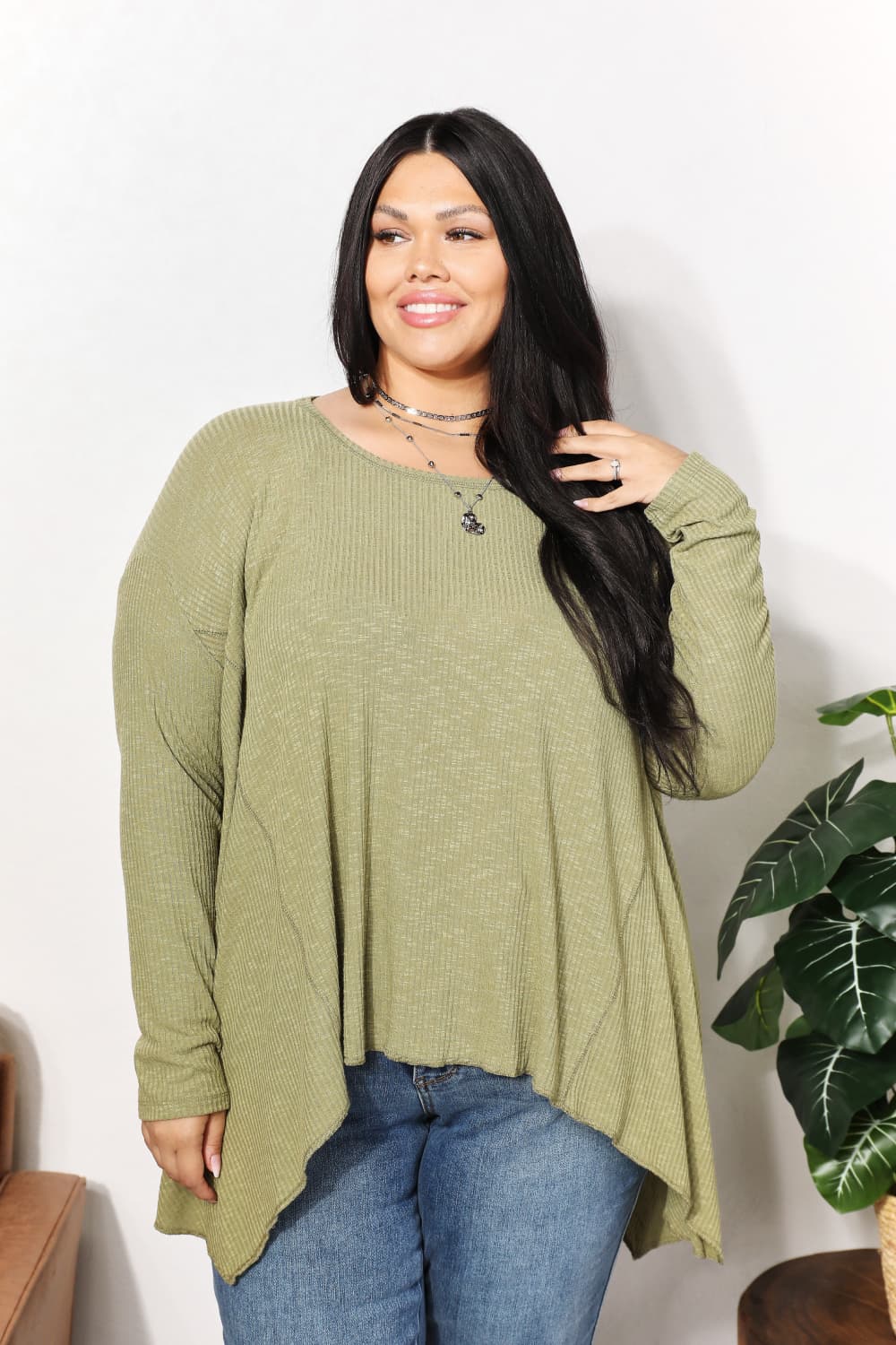 Oversized Super Soft Rib Layering Top with a Sharkbite Hem and Round Neck