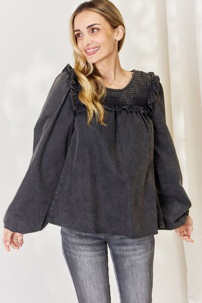 Mineral Wash Smocked Round Neck Blouse